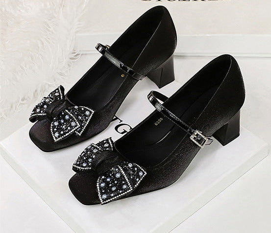 Rhinestone bow Women Pumps Coarse heel Women shoes middle heel Luxury banquet shoes satin square head Ladies shoes