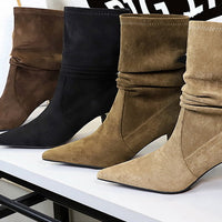 Women Pleated Elastic boots Woman Stiletto 6.5 CM High heel boots Suede Ankle boots Fashion Pointed short boots