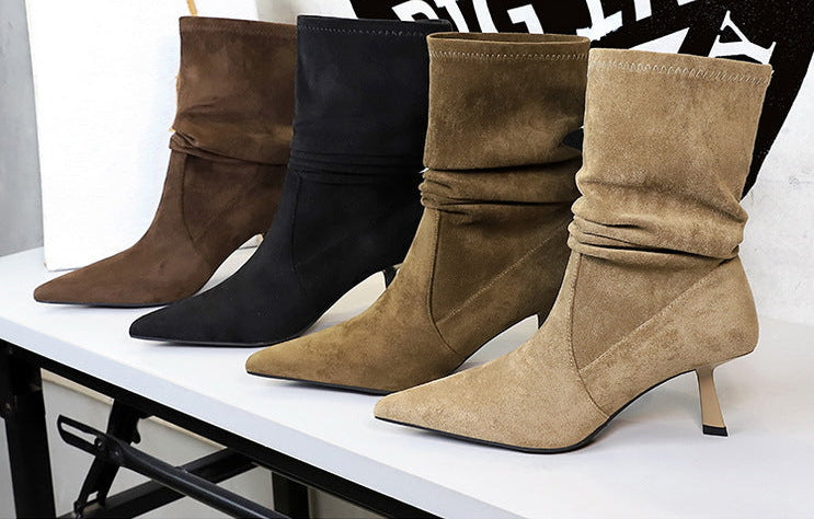 Women Pleated Elastic boots Woman Stiletto 6.5 CM High heel boots Suede Ankle boots Fashion Pointed short boots