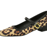 Heels Women Vintage Mary Jane shoes Metal leopard print square head Women Pumps Low heel high heels Suede