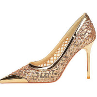 Luxury high heels Sequin mesh Women Pumps Metal pointed tip Women heels 9.5 CM Stiletto Fashion banquet shoes Sexy party shoes