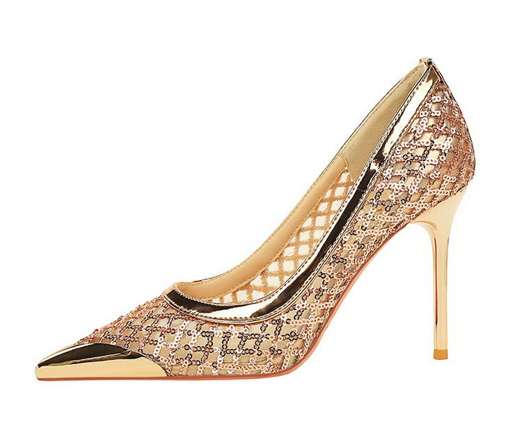 Luxury high heels Sequin mesh Women Pumps Metal pointed tip Women heels 9.5 CM Stiletto Fashion banquet shoes Sexy party shoes