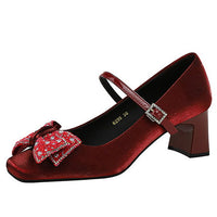 Rhinestone bow Women Pumps Coarse heel Women shoes middle heel Luxury banquet shoes satin square head Ladies shoes
