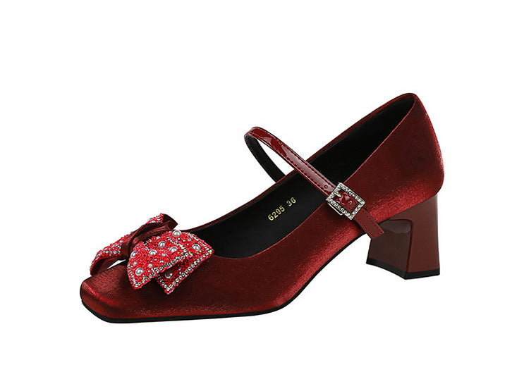 Rhinestone bow Women Pumps Coarse heel Women shoes middle heel Luxury banquet shoes satin square head Ladies shoes