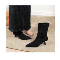 Women Pleated Elastic boots Woman Stiletto 6.5 CM High heel boots Suede Ankle boots Fashion Pointed short boots