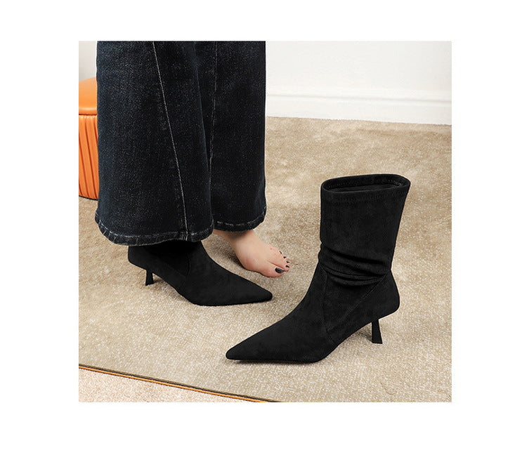 Women Pleated Elastic boots Woman Stiletto 6.5 CM High heel boots Suede Ankle boots Fashion Pointed short boots