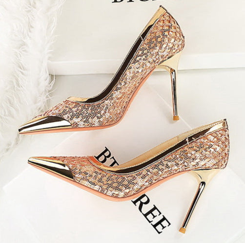 Luxury high heels Sequin mesh Women Pumps Metal pointed tip Women heels 9.5 CM Stiletto Fashion banquet shoes Sexy party shoes