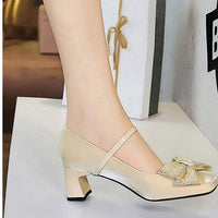 Rhinestone bow Women Pumps Coarse heel Women shoes middle heel Luxury banquet shoes satin square head Ladies shoes