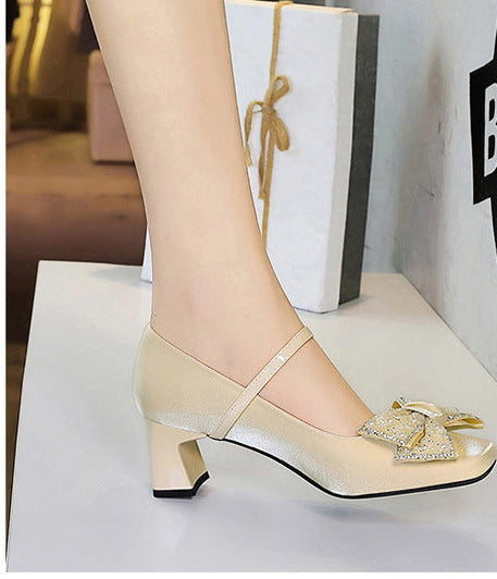 Rhinestone bow Women Pumps Coarse heel Women shoes middle heel Luxury banquet shoes satin square head Ladies shoes