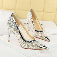 Luxury high heels Sequin mesh Women Pumps Metal pointed tip Women heels 9.5 CM Stiletto Fashion banquet shoes Sexy party shoes