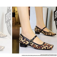 Heels Women Vintage Mary Jane shoes Metal leopard print square head Women Pumps Low heel high heels Suede