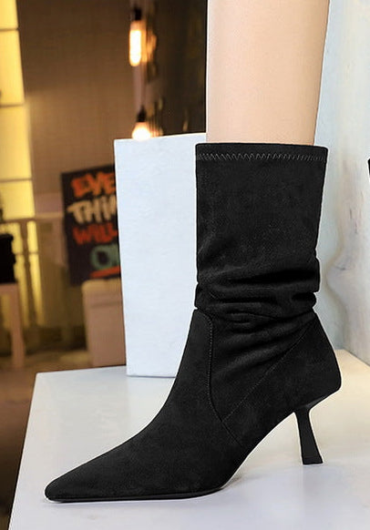 Women Pleated Elastic boots Woman Stiletto 6.5 CM High heel boots Suede Ankle boots Fashion Pointed short boots