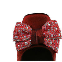 Rhinestone bow Women Pumps Coarse heel Women shoes middle heel Luxury banquet shoes satin square head Ladies shoes