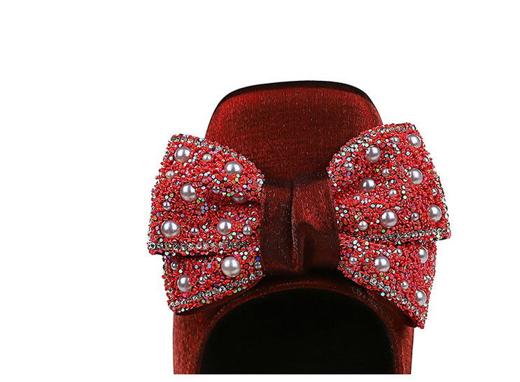 Rhinestone bow Women Pumps Coarse heel Women shoes middle heel Luxury banquet shoes satin square head Ladies shoes