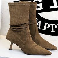 Women Pleated Elastic boots Woman Stiletto 6.5 CM High heel boots Suede Ankle boots Fashion Pointed short boots