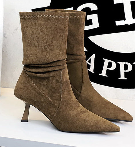 Women Pleated Elastic boots Woman Stiletto 6.5 CM High heel boots Suede Ankle boots Fashion Pointed short boots