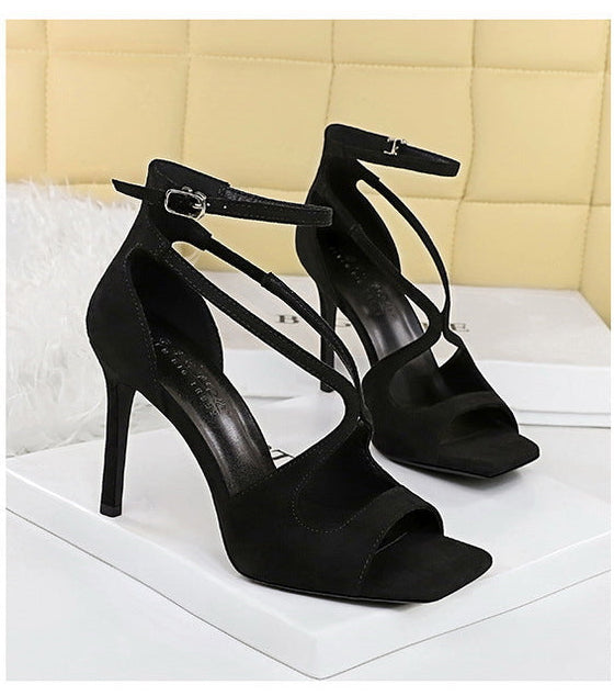 Sexy high heels Women Suede Women Pumps Square head Peep Toe High heeled sandals Buckle hollow out Lady Heels