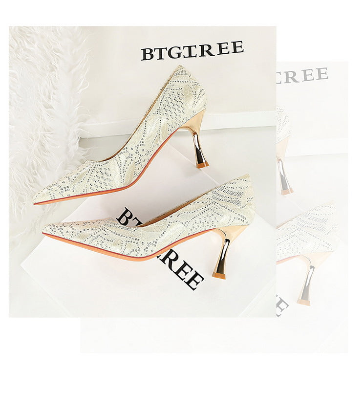 Shoes Lace glitter fabric women pumps Design Kitten heels Women shoes Female Occupation Office Shoes