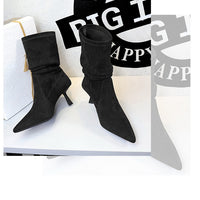 Women Pleated Elastic boots Woman Stiletto 6.5 CM High heel boots Suede Ankle boots Fashion Pointed short boots