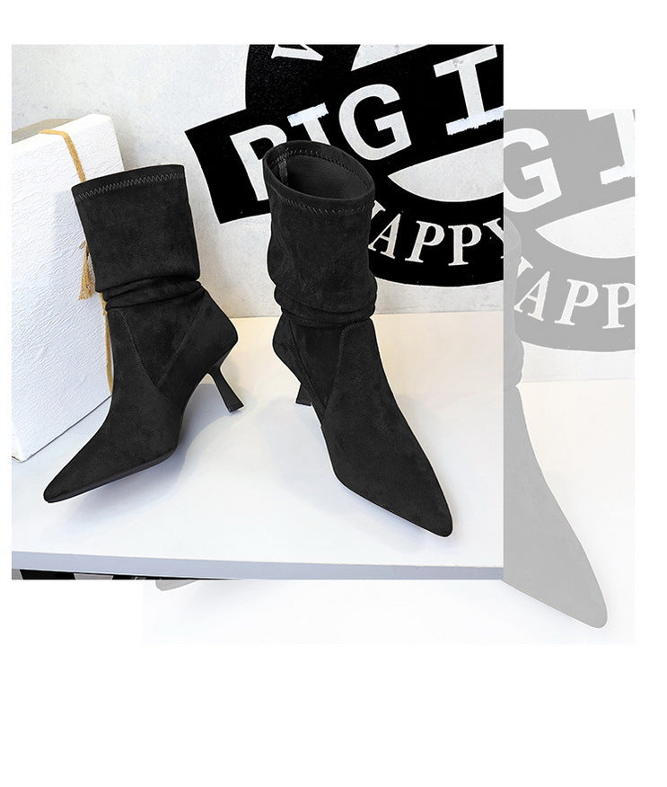Women Pleated Elastic boots Woman Stiletto 6.5 CM High heel boots Suede Ankle boots Fashion Pointed short boots