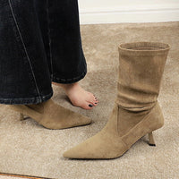 Women Pleated Elastic boots Woman Stiletto 6.5 CM High heel boots Suede Ankle boots Fashion Pointed short boots