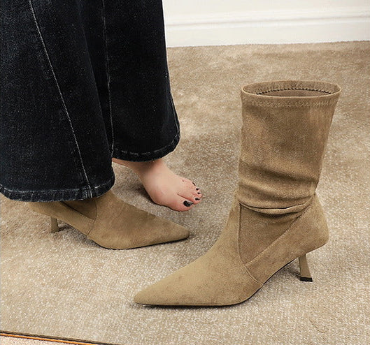 Women Pleated Elastic boots Woman Stiletto 6.5 CM High heel boots Suede Ankle boots Fashion Pointed short boots