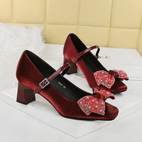 Rhinestone bow Women Pumps Coarse heel Women shoes middle heel Luxury banquet shoes satin square head Ladies shoes