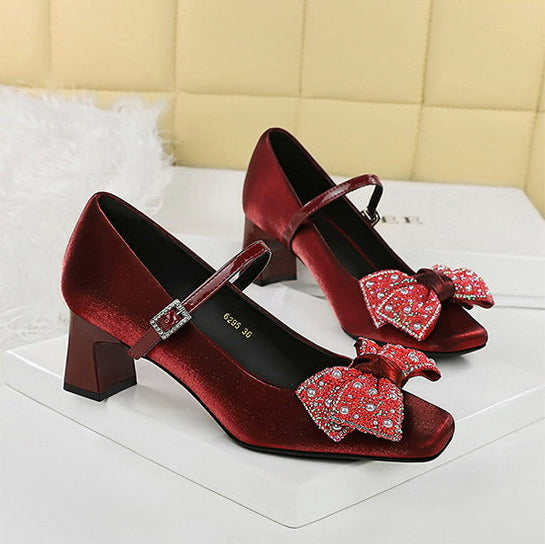 Rhinestone bow Women Pumps Coarse heel Women shoes middle heel Luxury banquet shoes satin square head Ladies shoes