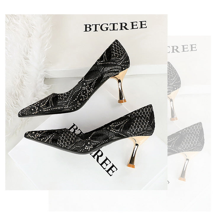 Shoes Lace glitter fabric women pumps Design Kitten heels Women shoes Female Occupation Office Shoes
