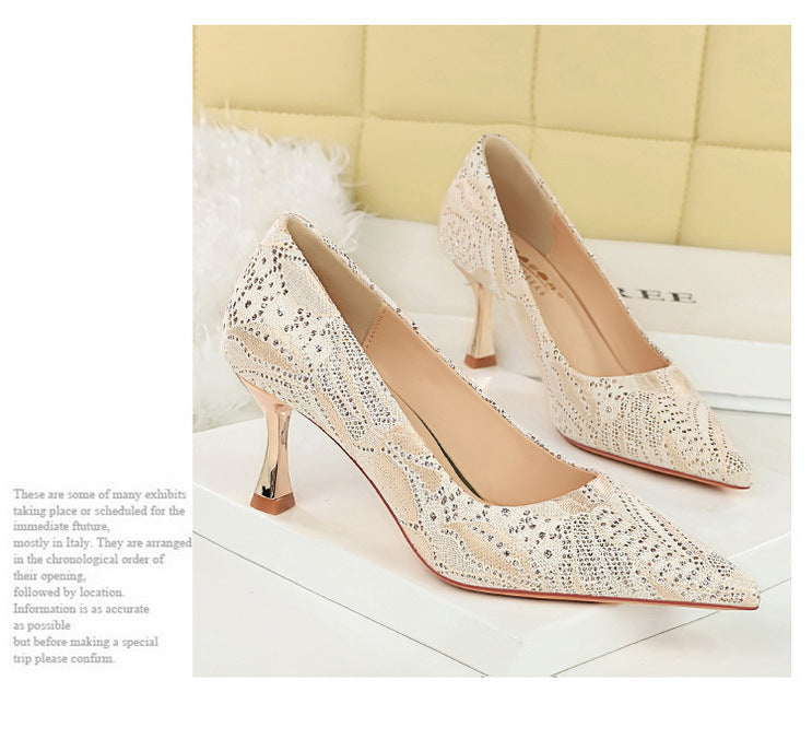 Shoes Lace glitter fabric women pumps Design Kitten heels Women shoes Female Occupation Office Shoes