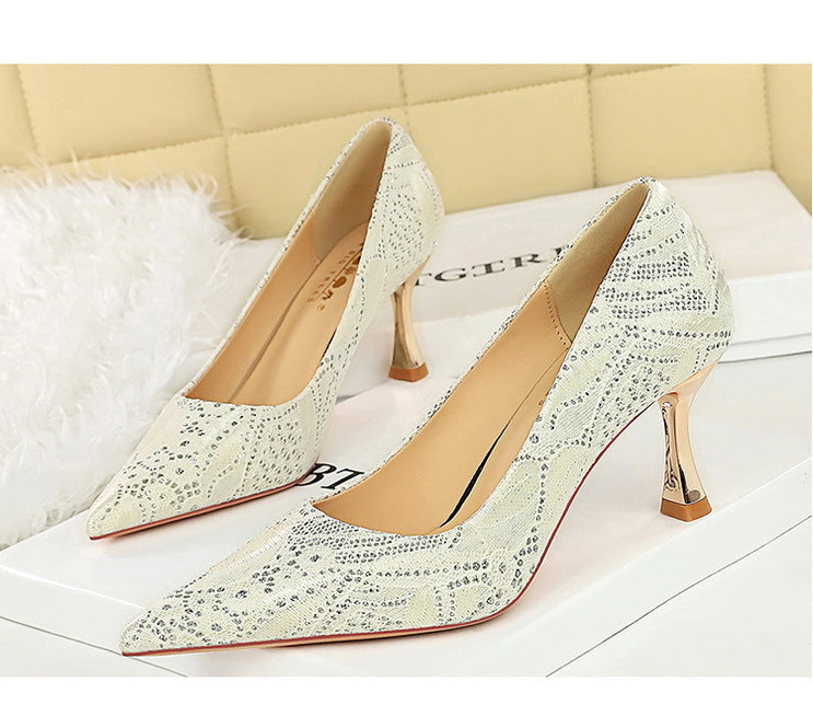 Shoes Lace glitter fabric women pumps Design Kitten heels Women shoes Female Occupation Office Shoes