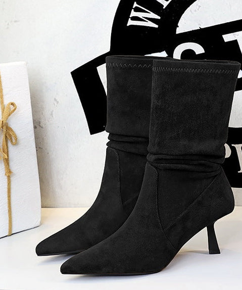 Women Pleated Elastic boots Woman Stiletto 6.5 CM High heel boots Suede Ankle boots Fashion Pointed short boots
