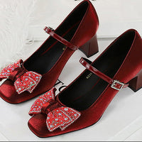 Rhinestone bow Women Pumps Coarse heel Women shoes middle heel Luxury banquet shoes satin square head Ladies shoes