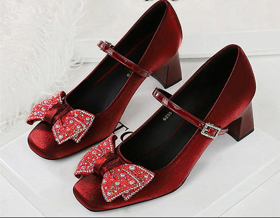 Rhinestone bow Women Pumps Coarse heel Women shoes middle heel Luxury banquet shoes satin square head Ladies shoes
