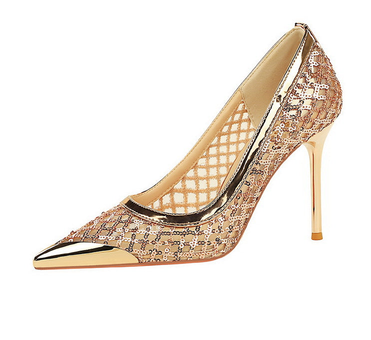 Luxury high heels Sequin mesh Women Pumps Metal pointed tip Women heels 9.5 CM Stiletto Fashion banquet shoes Sexy party shoes