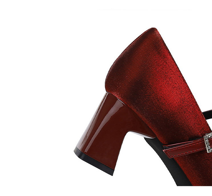 Rhinestone bow Women Pumps Coarse heel Women shoes middle heel Luxury banquet shoes satin square head Ladies shoes