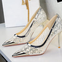 Luxury high heels Sequin mesh Women Pumps Metal pointed tip Women heels 9.5 CM Stiletto Fashion banquet shoes Sexy party shoes