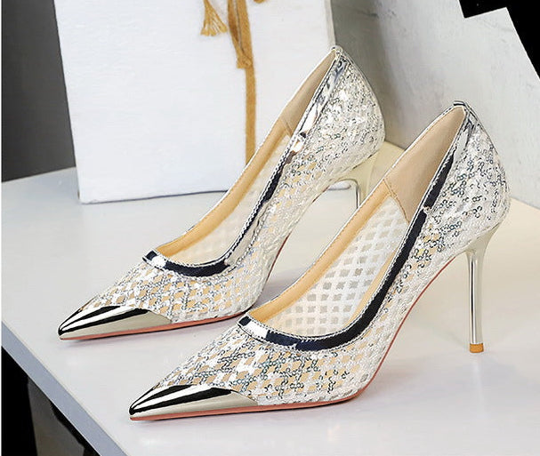 Luxury high heels Sequin mesh Women Pumps Metal pointed tip Women heels 9.5 CM Stiletto Fashion banquet shoes Sexy party shoes