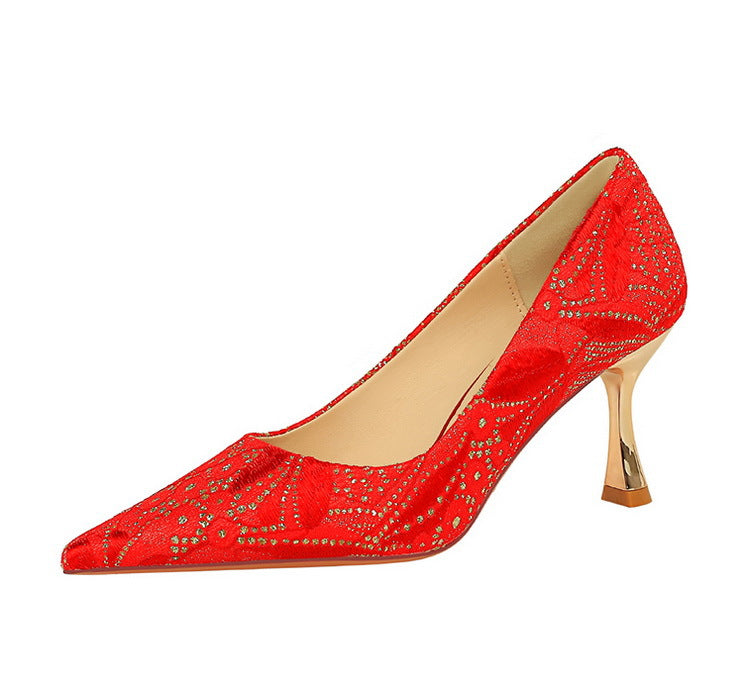 Shoes Lace glitter fabric women pumps Design Kitten heels Women shoes Female Occupation Office Shoes