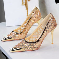 Luxury high heels Sequin mesh Women Pumps Metal pointed tip Women heels 9.5 CM Stiletto Fashion banquet shoes Sexy party shoes