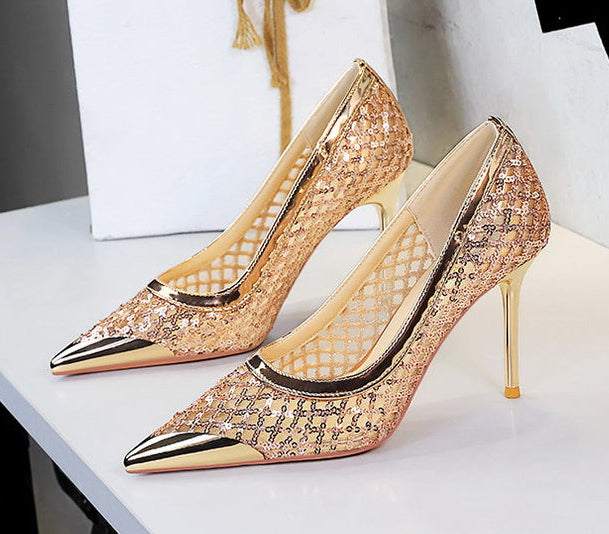 Luxury high heels Sequin mesh Women Pumps Metal pointed tip Women heels 9.5 CM Stiletto Fashion banquet shoes Sexy party shoes