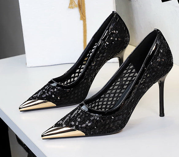 Luxury high heels Sequin mesh Women Pumps Metal pointed tip Women heels 9.5 CM Stiletto Fashion banquet shoes Sexy party shoes
