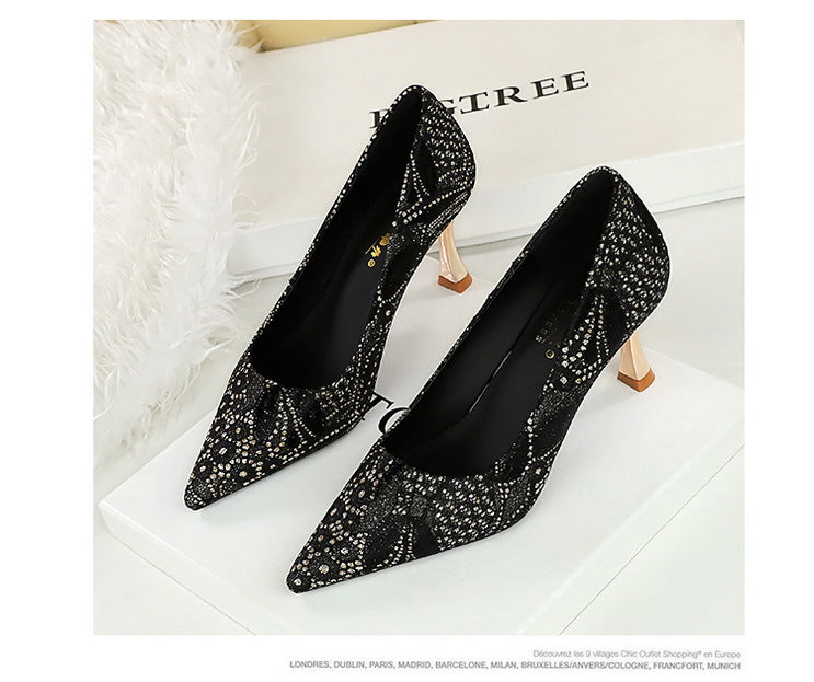 Shoes Lace glitter fabric women pumps Design Kitten heels Women shoes Female Occupation Office Shoes