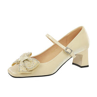 Rhinestone bow Women Pumps Coarse heel Women shoes middle heel Luxury banquet shoes satin square head Ladies shoes