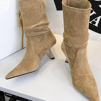 Women Pleated Elastic boots Woman Stiletto 6.5 CM High heel boots Suede Ankle boots Fashion Pointed short boots