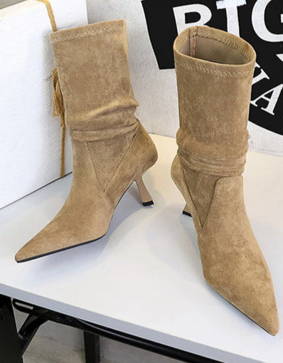 Women Pleated Elastic boots Woman Stiletto 6.5 CM High heel boots Suede Ankle boots Fashion Pointed short boots