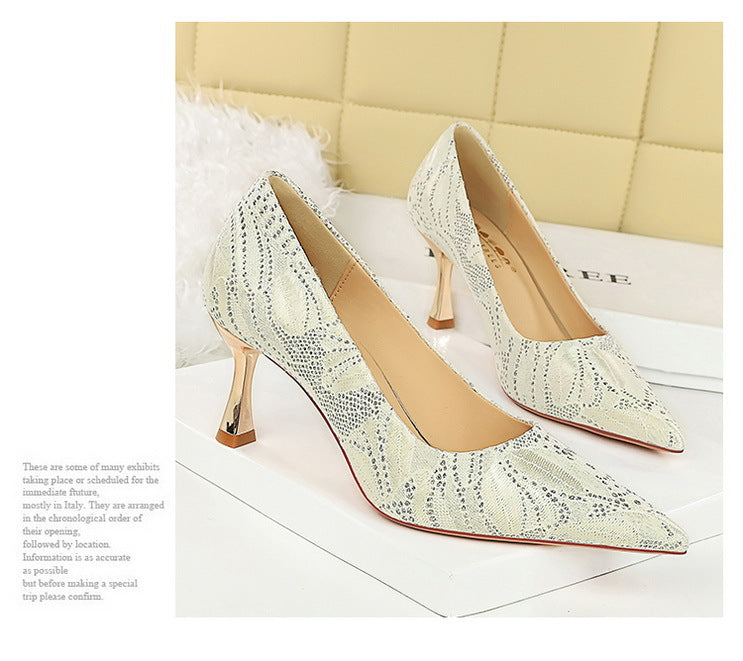 Shoes Lace glitter fabric women pumps Design Kitten heels Women shoes Female Occupation Office Shoes