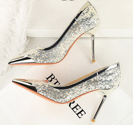 Luxury high heels Sequin mesh Women Pumps Metal pointed tip Women heels 9.5 CM Stiletto Fashion banquet shoes Sexy party shoes