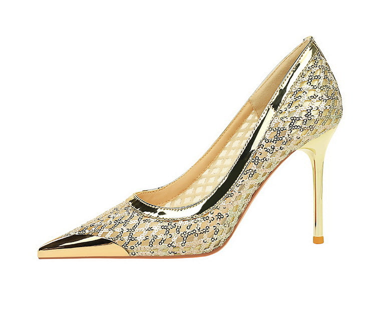 Luxury high heels Sequin mesh Women Pumps Metal pointed tip Women heels 9.5 CM Stiletto Fashion banquet shoes Sexy party shoes