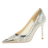 Luxury high heels Sequin mesh Women Pumps Metal pointed tip Women heels 9.5 CM Stiletto Fashion banquet shoes Sexy party shoes